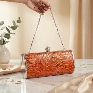 Retro Bar Clutch Crocodile Embossed Evening Bag, Silver Frame Kiss Lock Purse, M